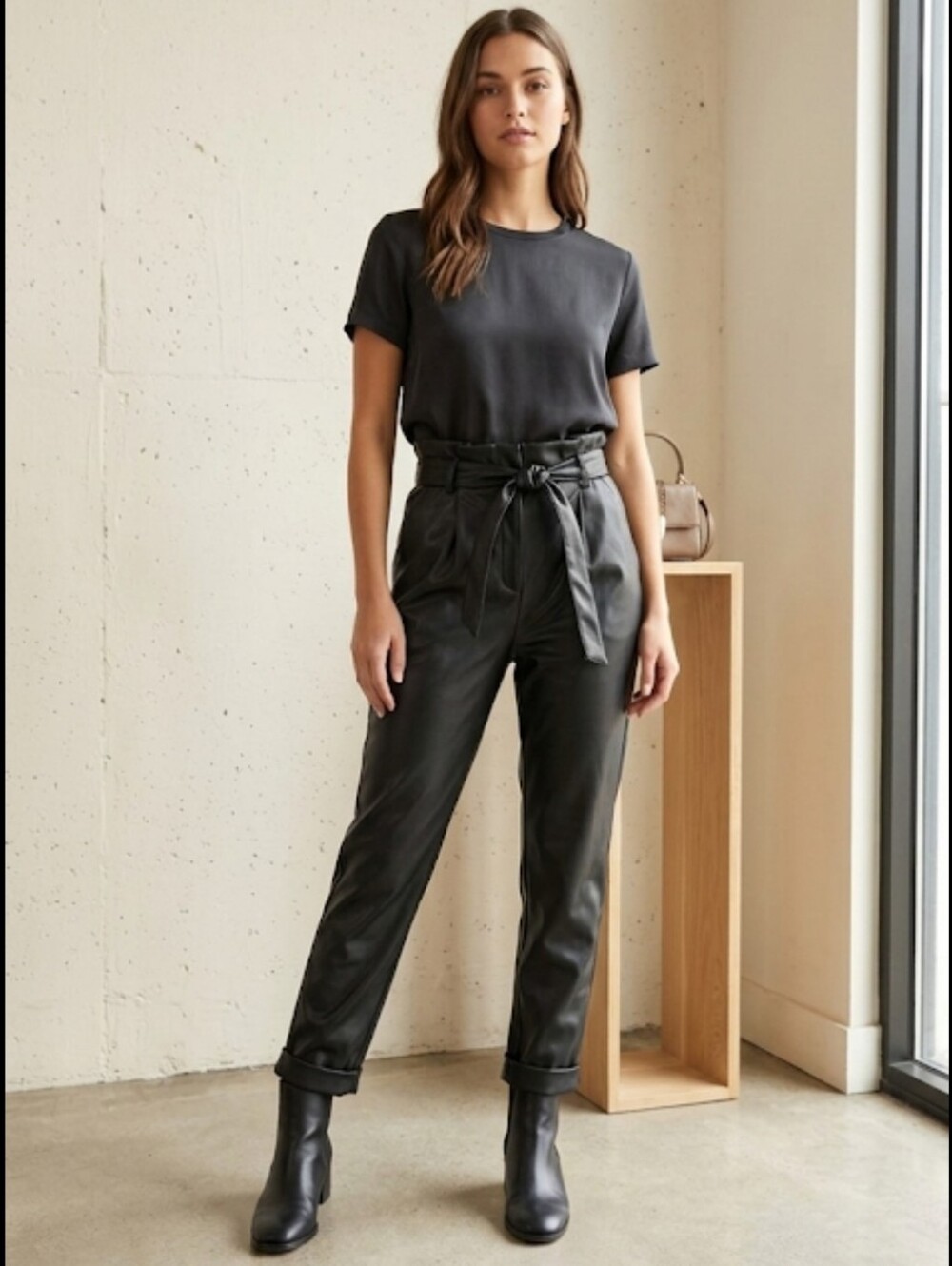 New Black Pleather Pants XS Straight Cuffed Paperbag Waist